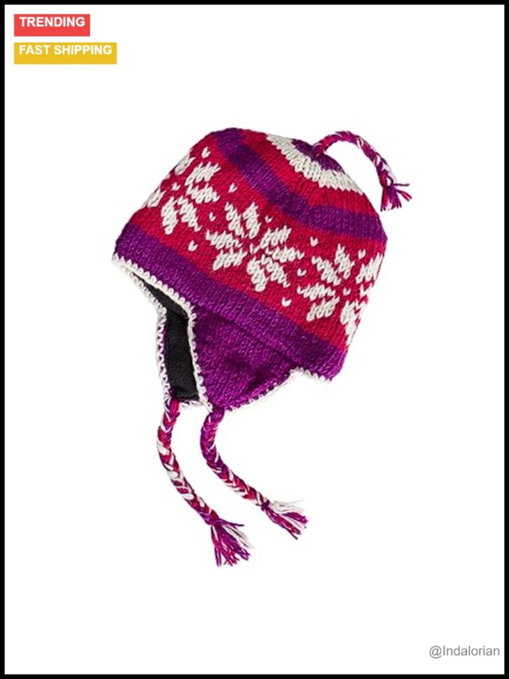 Hand Knit Wool Sherpa Hat Micro Fleece Lined Ear Flaps Snowflake Beanie